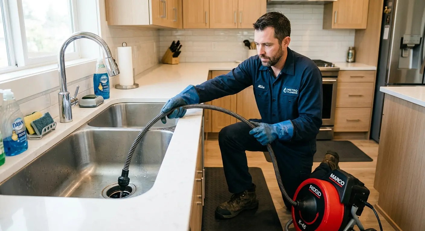 Drain cleaning technician using a motorized snake on a kitchen sink in Snohomish