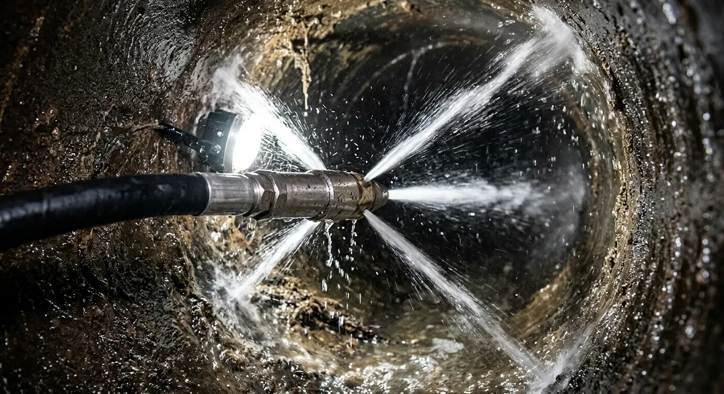 High-pressure hydro jetting nozzle cleaning sewer pipe for Emergency Drain Service in Snohomish