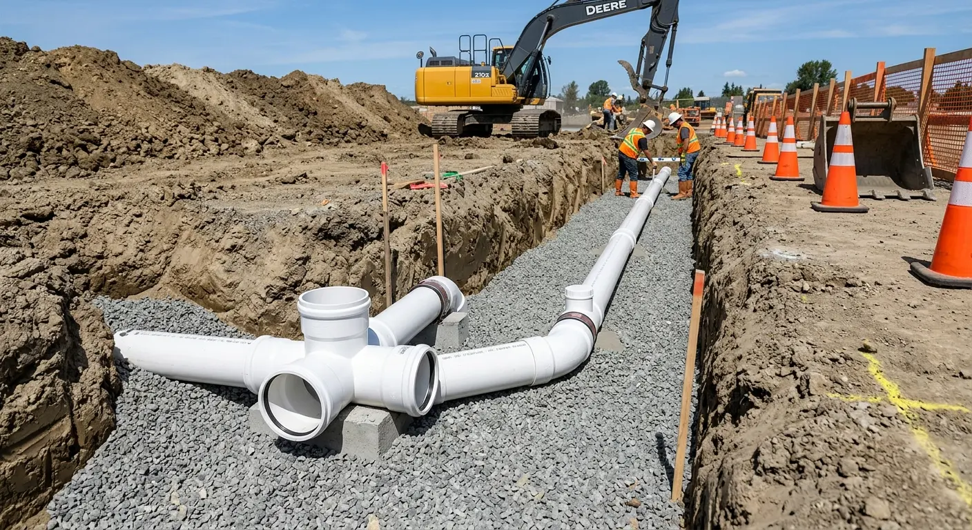 New PVC sewer pipe installation in open trench for Grease Trap Cleaning in Snohomish