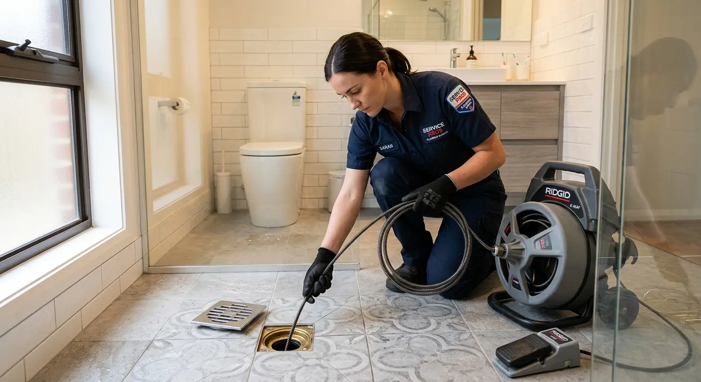 Technician clearing a bathroom floor drain for Sewer Line Replacement in Snohomish